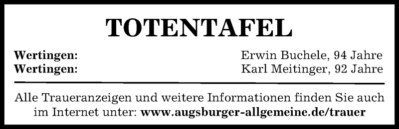  Traueranzeige für Totentafel vom 17.08.2021 vom 17.08.2021 aus Augsburg-Land