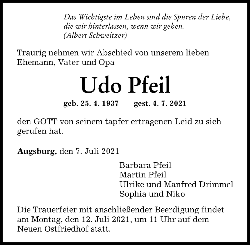 Traueranzeige von Udo Pfeil von Augsburger Allgemeine