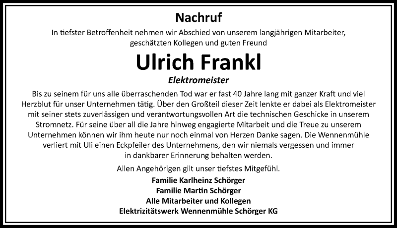  Traueranzeige für Ulrich Frankl vom 26.06.2021 aus Donauwörther Zeitung, Rieser Nachrichten