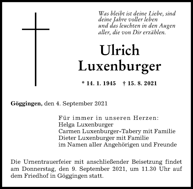 Traueranzeige von Ulrich Luxenburger von Augsburger Allgemeine