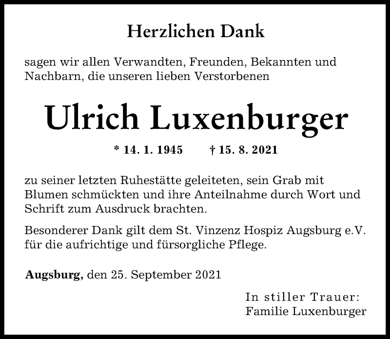 Traueranzeige von Ulrich Luxenburger von Augsburger Allgemeine