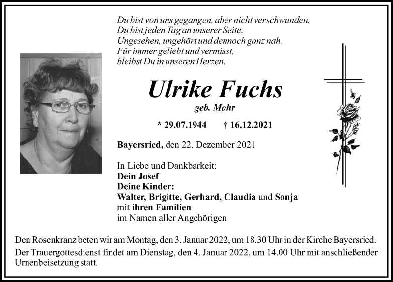 Traueranzeige von Ulrike Fuchs von Mittelschwäbische Nachrichten