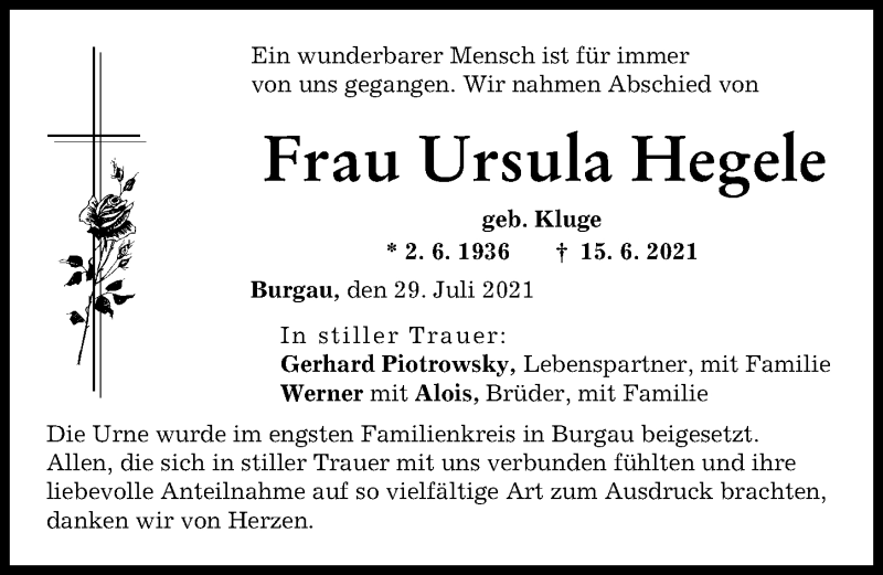 Traueranzeige von Ursula Hegele von Günzburger Zeitung