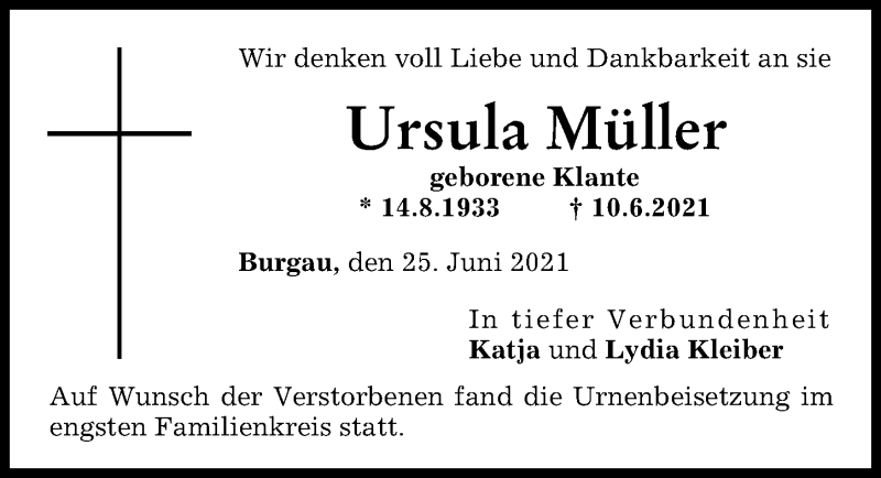 Traueranzeige von Ursula Müller von Günzburger Zeitung