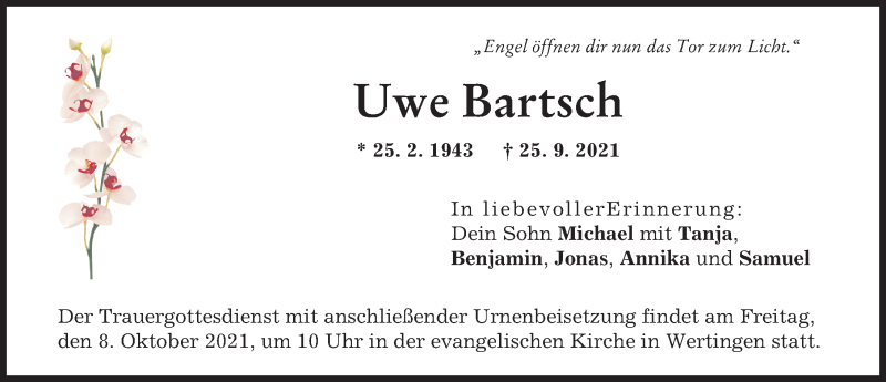 Traueranzeige von Uwe Bartsch von Wertinger Zeitung