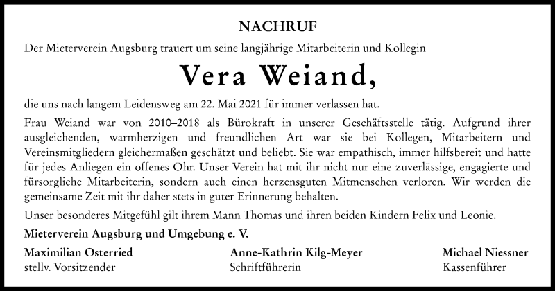 Traueranzeige von Vera Weiand von Augsburger Allgemeine