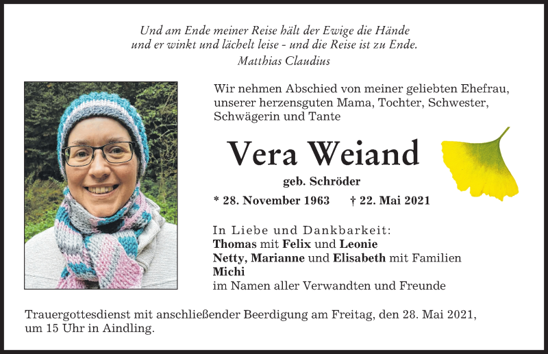 Traueranzeige von Vera Weiand von Augsburger Allgemeine