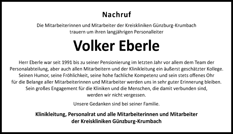 Traueranzeige von Volker Eberle von Mittelschwäbische Nachrichten, Günzburger Zeitung