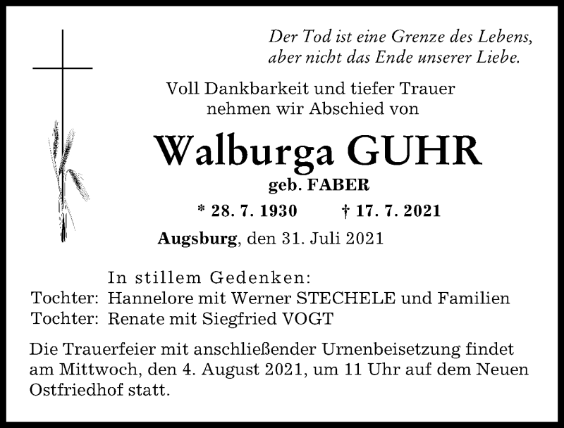 Traueranzeige von Walburga Guhr von Augsburger Allgemeine