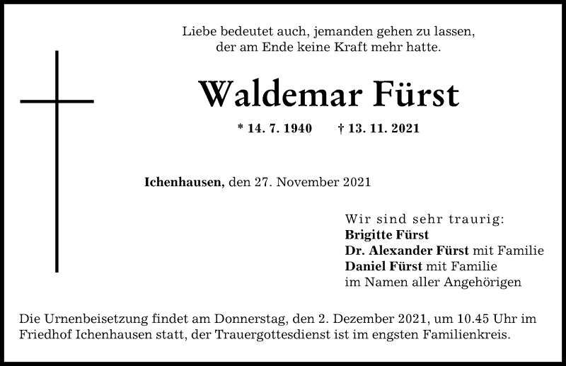  Traueranzeige für Waldemar Fürst vom 27.11.2021 aus Günzburger Zeitung