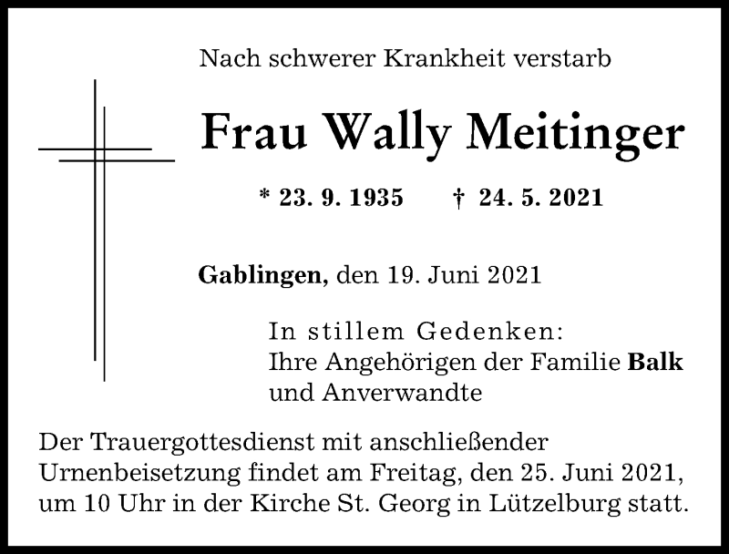 Traueranzeige von Wally Meitinger von Augsburg-Land