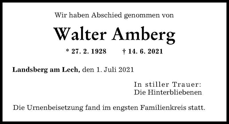 Traueranzeige von Walter Amberg von Landsberger Tagblatt