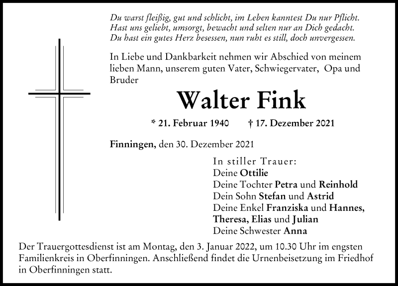 Traueranzeige von Walter Fink von Donau Zeitung