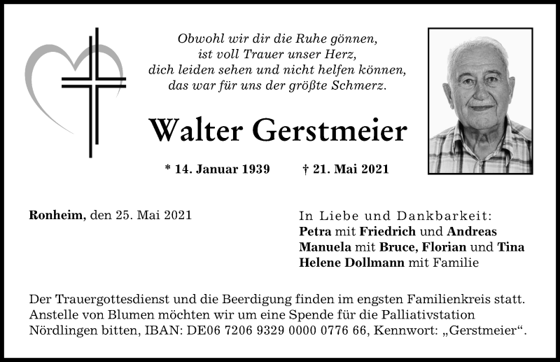 Traueranzeige von Walter Gerstmeier von Donauwörther Zeitung