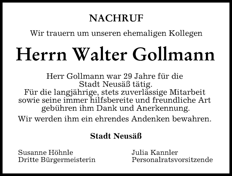 Traueranzeige von Walter Gollmann von Augsburger Allgemeine