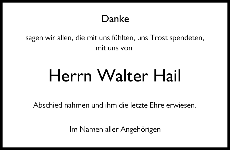 Traueranzeige von Walter Hail von Augsburger Allgemeine