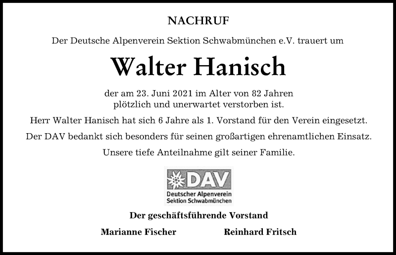  Traueranzeige für Walter Hanisch vom 29.06.2021 aus Schwabmünchner Allgemeine