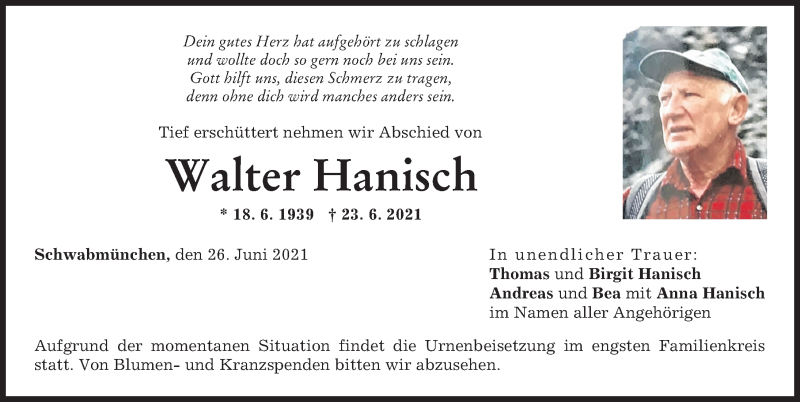  Traueranzeige für Walter Hanisch vom 26.06.2021 aus Schwabmünchner Allgemeine