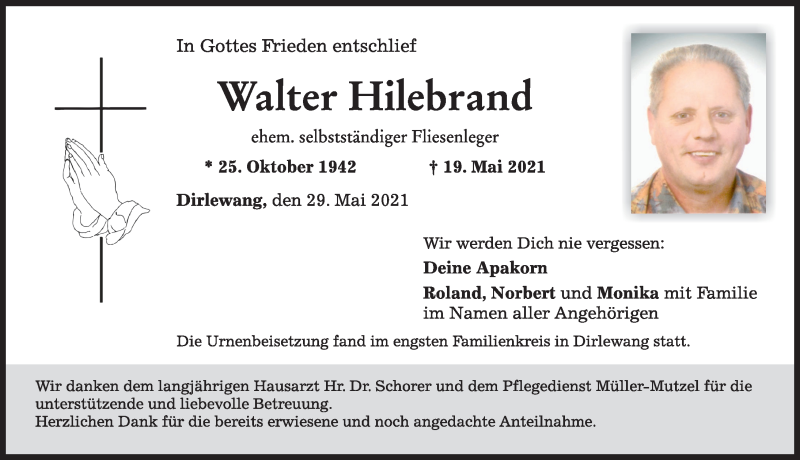 Traueranzeige von Walter Hilebrand von Mindelheimer Zeitung