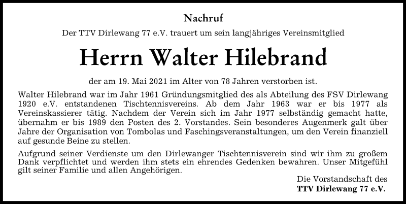 Traueranzeige von Walter Hilebrand von Mindelheimer Zeitung