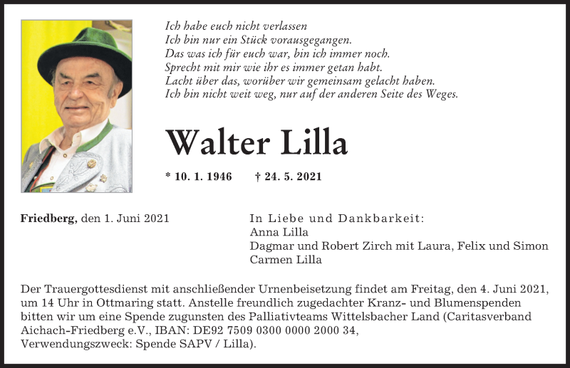 Traueranzeige von Walter Lilla von Augsburger Allgemeine