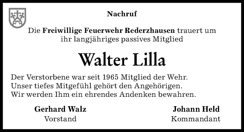 Traueranzeige von Walter Lilla von Friedberger Allgemeine