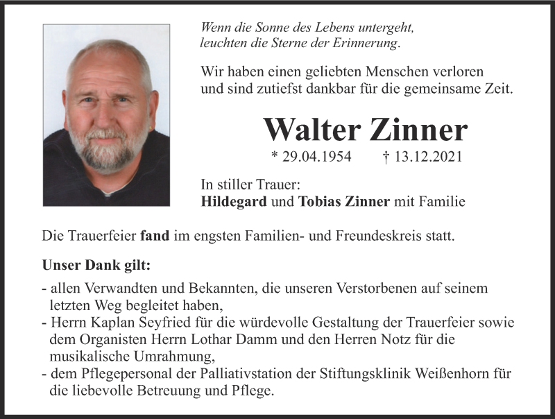 Traueranzeige von Walter Zinner von Illertisser Zeitung