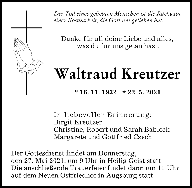 Traueranzeige von Waltraud Kreutzer von Augsburger Allgemeine