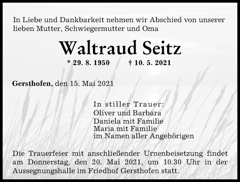 Traueranzeige von Waltraud Seitz von Augsburger Allgemeine