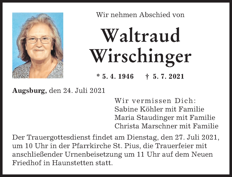 Traueranzeige von Waltraud Wirschinger von Augsburger Allgemeine