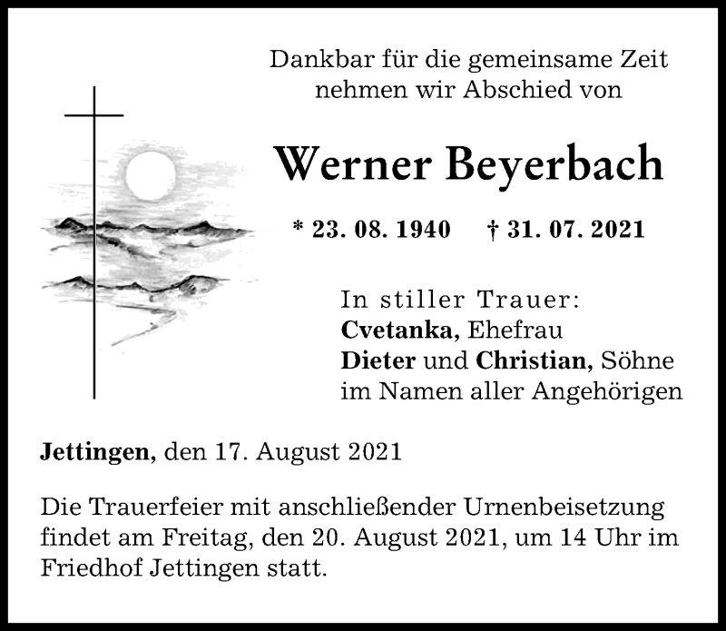 Traueranzeige von Werner Beyerbach von Günzburger Zeitung