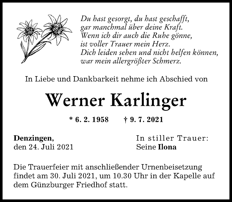 Traueranzeige von Werner Karlinger von Günzburger Zeitung