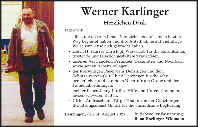 Traueranzeige von Werner Karlinger von Günzburger Zeitung