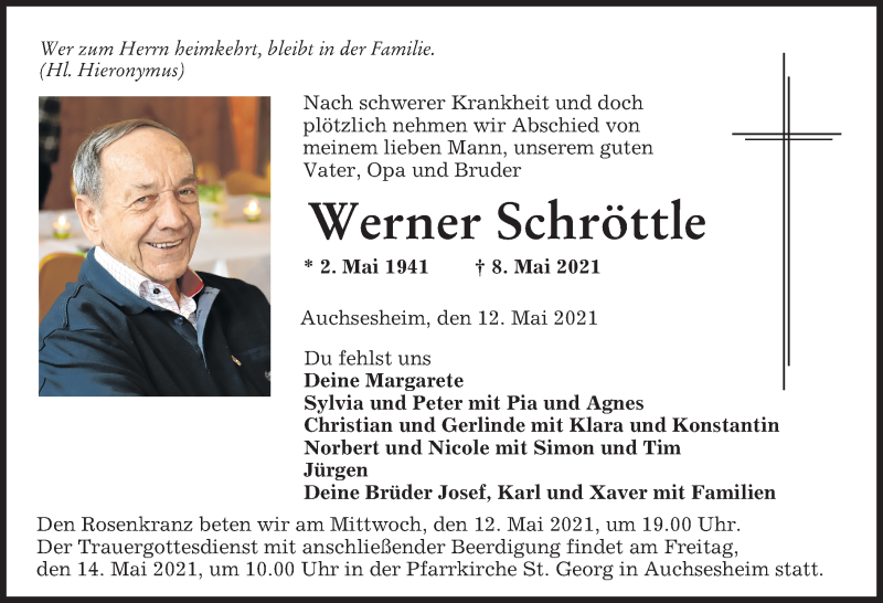 Traueranzeige von Werner Schröttle von Donauwörther Zeitung