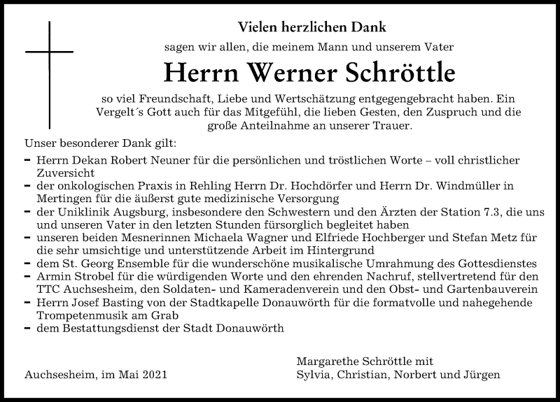 Traueranzeige von Werner Schröttle von Donauwörther Zeitung