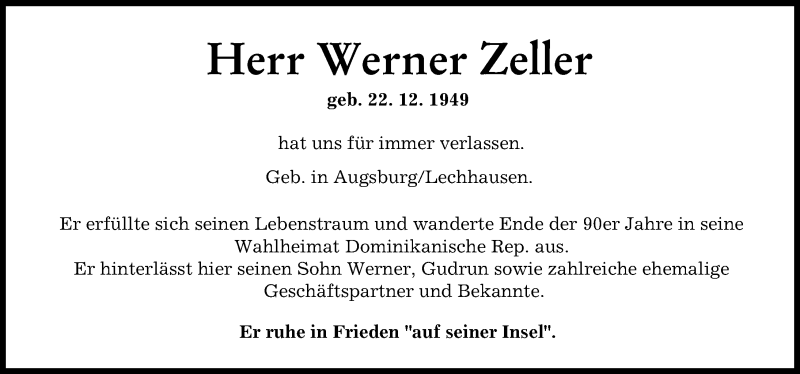 Traueranzeige von Werner Zeller von Augsburger Allgemeine