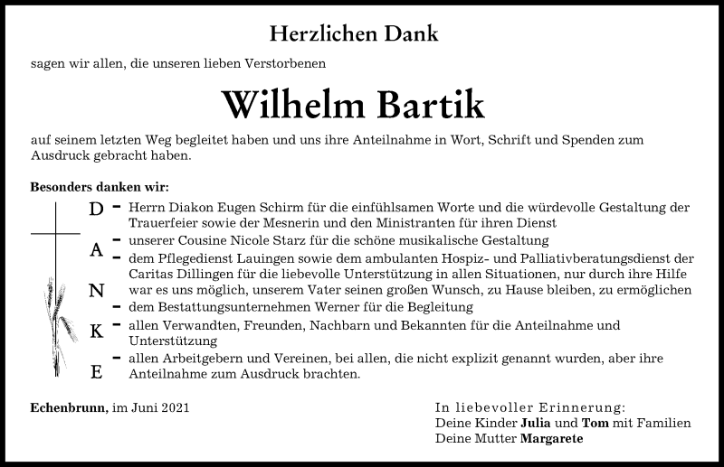 Traueranzeige von Wilhelm Bartik von Donau Zeitung