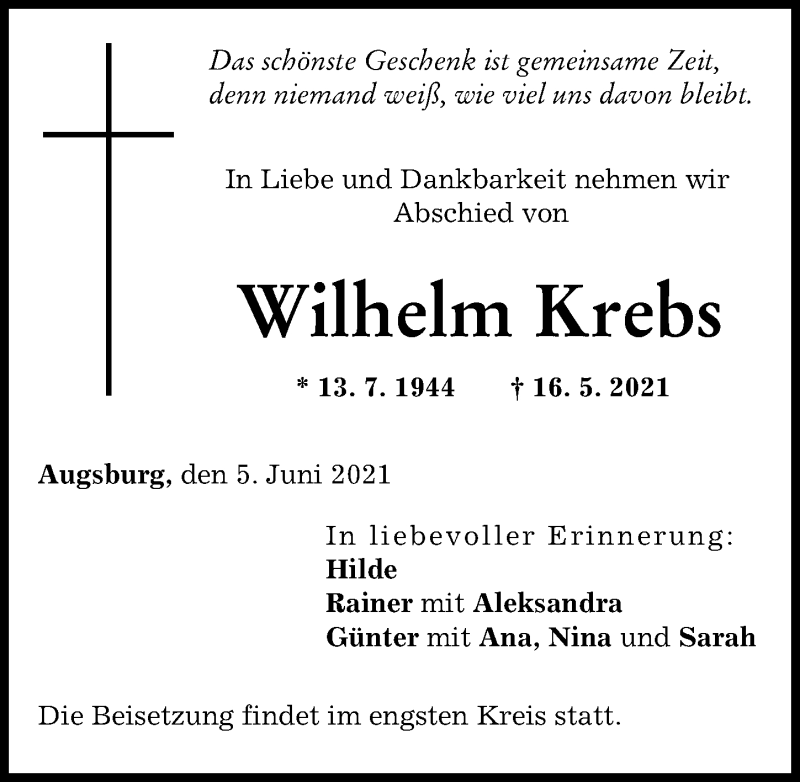 Traueranzeige von Wilhelm Krebs von Augsburger Allgemeine