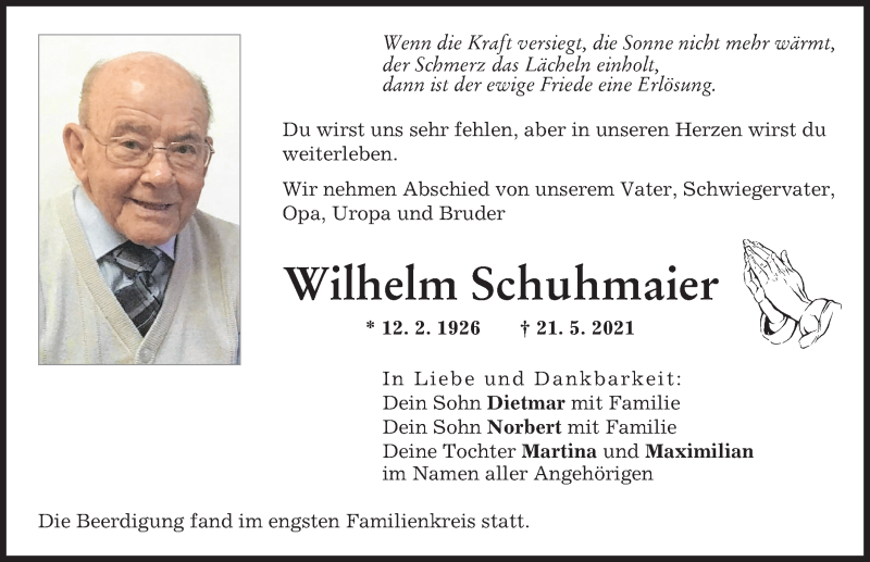 Traueranzeige von Wilhelm Schuhmaier von Schwabmünchner Allgemeine