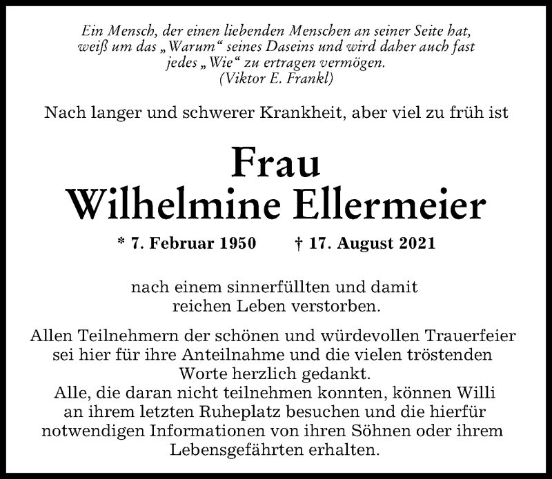 Traueranzeige von Wilhelmine Ellermeier von Augsburger Allgemeine