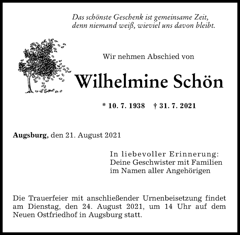 Traueranzeige von Wilhelmine Schön von Augsburger Allgemeine