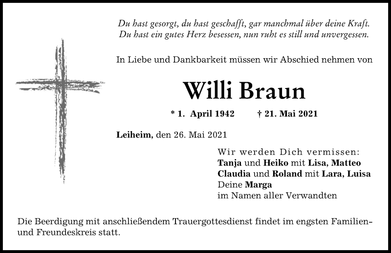 Traueranzeige von Willi Braun von Rieser Nachrichten