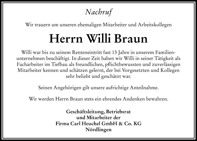 Traueranzeige von Willi Braun von Rieser Nachrichten