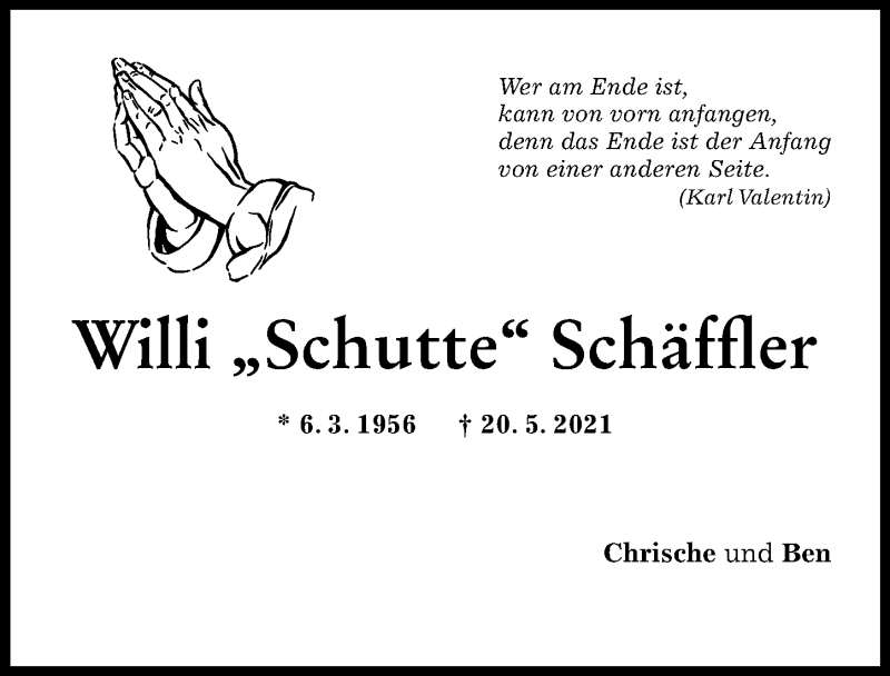 Traueranzeige von Willi Schäffler von Ammersee Kurier