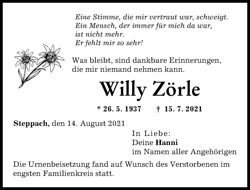 Traueranzeige von Willy Zörle von Augsburger Allgemeine