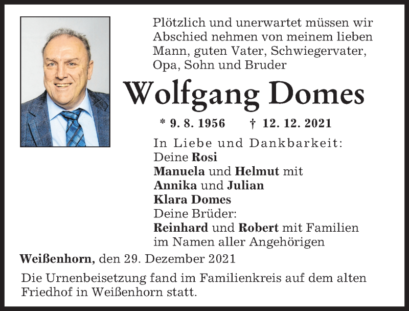 Traueranzeige von Wolfgang Domes von Neu-Ulmer Zeitung