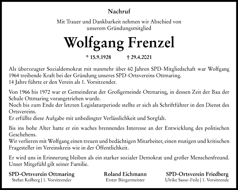 Traueranzeige von Wolfgang Frenzel von Friedberger Allgemeine