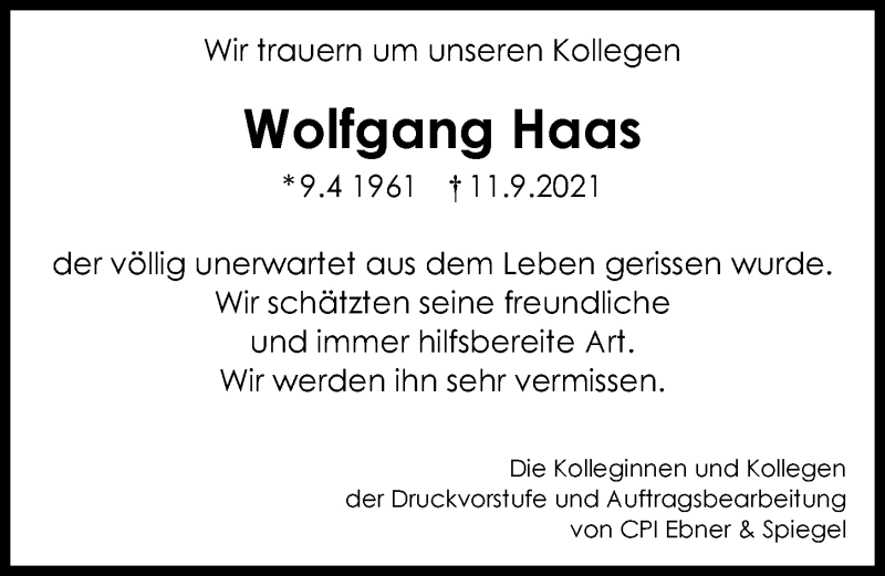 Traueranzeigen von Wolfgang Haas | Augsburger Allgemeine Zeitung