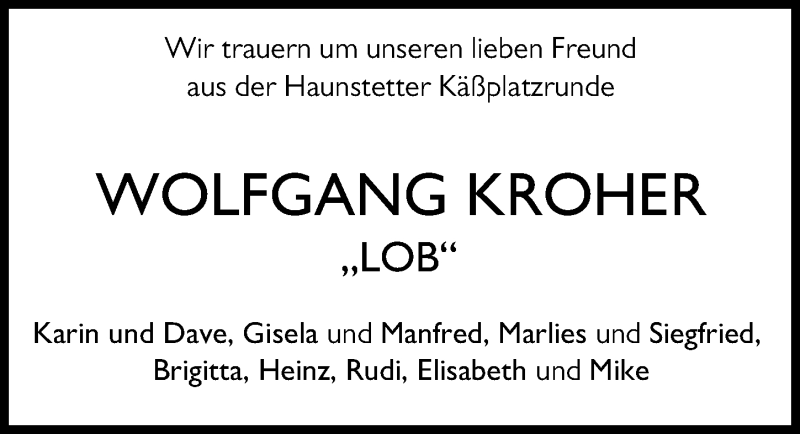 Traueranzeige von Wolfgang Kroher von Augsburger Allgemeine