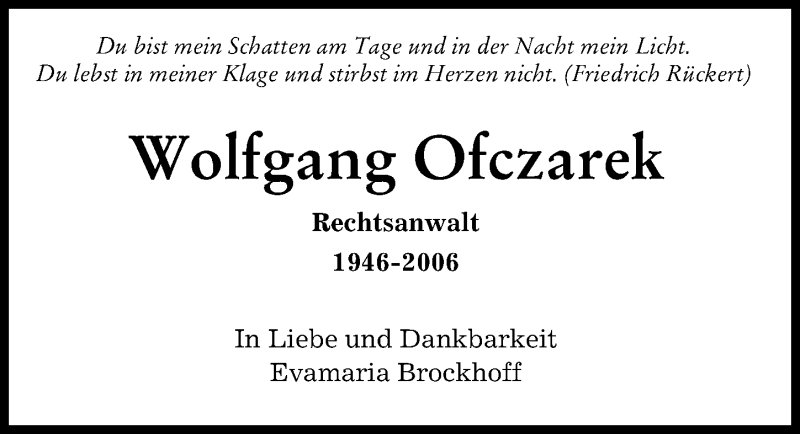 Traueranzeige von Wolfgang Ofczarek von Augsburger Allgemeine